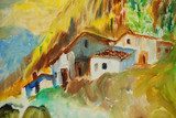 old houses in spanish village, illustration, painting  Olejne Obraz