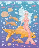 Young mermaid girl with golden fish, vector  Plakaty do Pokoju dziecka Plakat