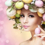 Easter Woman. Spring Girl with Fashion Hairstyle  Ludzie Plakat