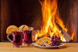 drinks at cozy fireplace  Fototapety do Kawiarni Fototapeta