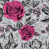 Seamless pattern with pink roses / Japanese floral  Rysunki kwiatów Fototapeta