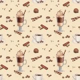 Seamless pattern with illustrations of coffee cup and chocolate  Kawa Fototapeta
