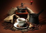 cup of coffee, grinder, turk and coffee beans  Kawa Fototapeta