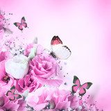 Bouquet of pink roses and butterfly, floral background  Motyle Fototapeta