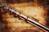 Silver flute on an ancient musical background  Fototapety Sepia Fototapeta