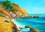 landscape of mediterranean sea with a beach and  bay, painting b  Olejne Obraz