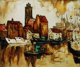 old harbour in the german city wismar, painting by oil on canvas  Olejne Obraz