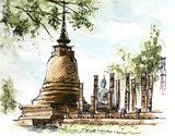 thailand ancient  temple water color painting  Olejne Obraz