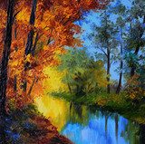 Oil Painting - autumn forest with a river  Olejne Obraz