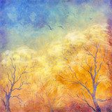 Digital oil painting autumn trees, flying birds  Olejne Obraz