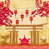 Chinese New Year card - Traditional lanterns and Asian buildings  Orientalne Fototapeta