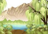 Idyllic landscape with willow and mountain  Orientalne Fototapeta
