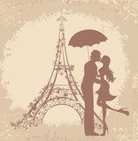 Honeymoon and Romantic Travel. Couple in Paris, Eiffel Tower  Fototapety Wieża Eiffla Fototapeta