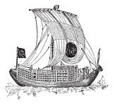 Chinese junk, an ancient sailing vessel, vintage engraving.  Drawn Sketch Fototapeta