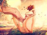 Autumn fantasy girl, fairy in blowing chiffon dress  Ludzie Plakat