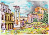 original marker painting of Rome Italy cityscape  Drawn Sketch Fototapeta