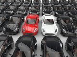 Stand out red and white cars among many black cars  Pojazdy Obraz
