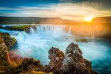Iceland, Godafoss at sunset, beautiful waterfall, long exposure  Obrazy do Łazienki Obraz