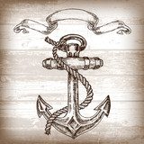 Vintage anchor on wooden background. Hand drawn vector Styl Marynistyczny Fototapeta