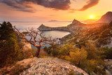 Landscape with beautiful view on mountain valley and tree, blue sky and sea at sunrise. Travel background Fototapety Góry Fototapeta