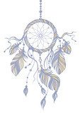 Dream catcher, traditional native american indian symbol. Feathers and beads on white background. Hand drawn vector illustration. Pastel colors. Fototapety Pastele Fototapeta