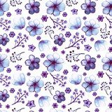 Watercolor Light Blue Flowers and Violet Branches Seamless Pattern Fototapety Pastele Fototapeta