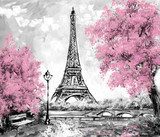 Oil Painting, Paris. european city landscape. France, Wallpaper, eiffel tower. Black, white and pink, Modern art Fototapety Pastele Fototapeta