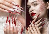 Beautiful girl with lace, red lips and long nails. Beauty face. Photos shot in studio. collage of photos Obrazy do Salonu Kosmetycznego Obraz