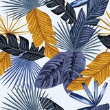 Blue gold palm leaves seamless white background Abstrakcja Obraz