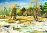 Spring landscape with trees and a snow  Olejne Obraz