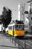 Lisbon old yellow tram over black and white background  Pojazdy Obraz