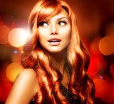 Beautiful Girl With Shiny Red Long Hair over Blinking Background  Obrazy do Salonu Fryzjerskiego Obraz
