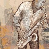 saxophonist playing saxophone on grunge background  Muzyka Obraz