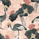 Chińskie malarstwo z żurawiami w koronach Lotus i Styl Orientalny Tapeta
