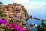 Cinque Terre coast of Italy with flowers Plakaty do Salonu Plakat