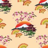 Piękny japoński z sakurą Styl Orientalny Tapeta