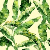 Seamless watercolor illustration of tropical leaves, dense jungle. Pattern with tropic summertime motif may be used as background texture, wrapping paper, textile,wallpaper design. Banana palm leaves Tapety Natura Tapeta