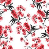 z gałęziami orientalnego malowania tuszem kwiat wiśni,  Styl Orientalny Tapeta