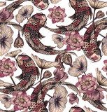 z karpiem i lotosami. Ręcznie rysowane akwarela Styl Orientalny Tapeta