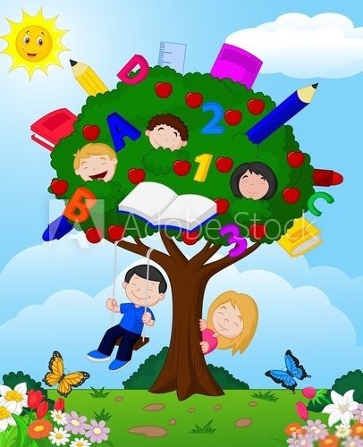 Cartoon children playing Illustration in an apple tree  Plakaty do Pokoju dziecka Plakat