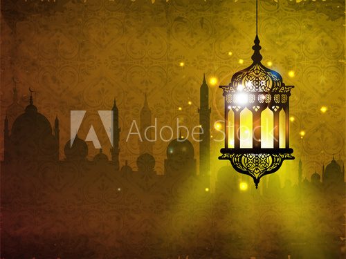 Hanging iIlluminated intricate Arabic Lamp with on shiny abstrac  Orientalne Fototapeta