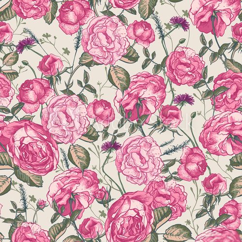 Różany background w stylu vintage Rysunki kwiatów Fototapeta