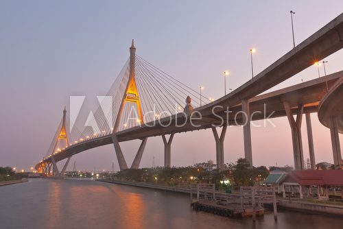 Twilight scenery of Bhumibol Bridge in Samut Prakarn, Thailand  Fototapety Mosty Fototapeta
