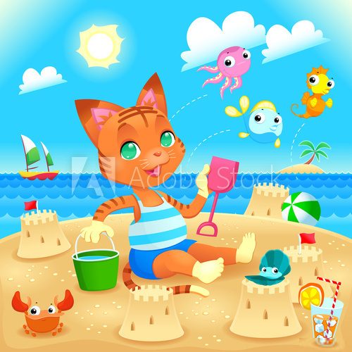 Young cat makes castles on the beach.  Fototapety do Przedszkola Fototapeta
