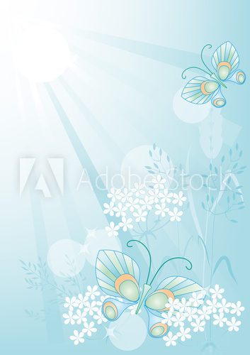 Summer background with flowers and butterflies  Na drzwi Naklejka
