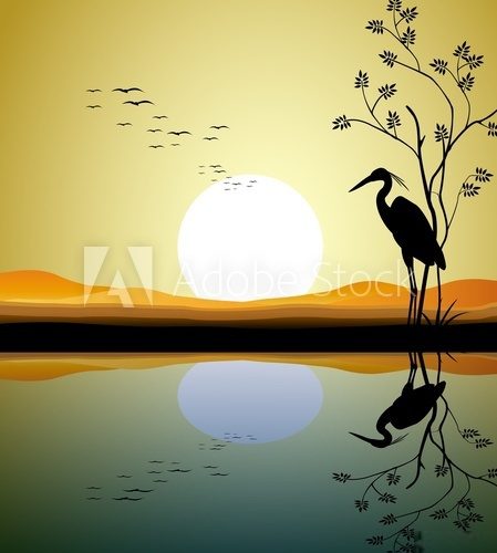 heron silhouette on lake  Na drzwi Naklejka