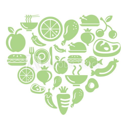 Food, Fruits and Vegetables Icons in Heart Shape  Na lodówkę Naklejka