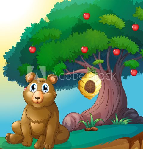 A bear in front of a big apple tree with a beehive  Obrazy do Pokoju Dziecka Obraz