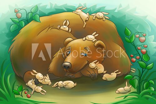 kind bear with the little rabbits  Obrazy do Pokoju Dziecka Obraz