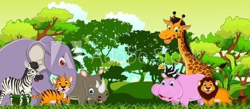 funny animal cartoon with tropical forest background  Obrazy do Pokoju Dziecka Obraz